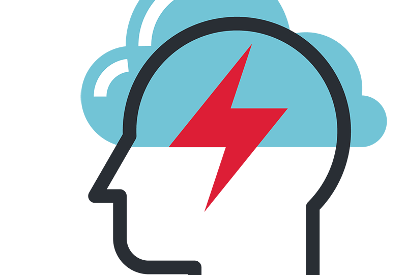 Outline of a head in profile with blue cloud and red lightening bolt at the center